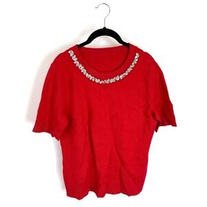 Red Glitzy Short Sleeve Sweater with Rhinestones‎ Size Medium NWOT